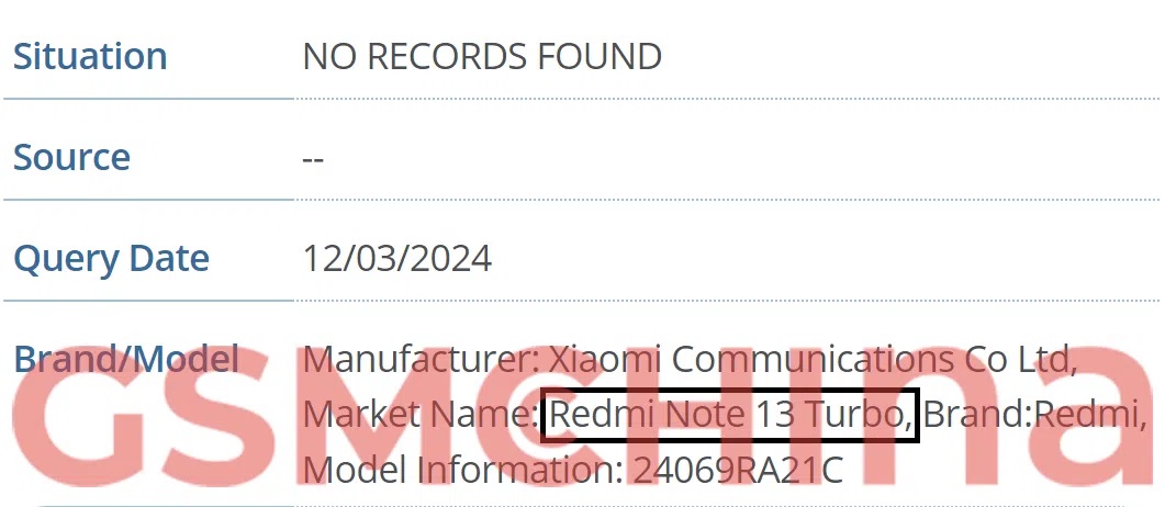 Redmi Note 13 Turbo в базе данных IMEI