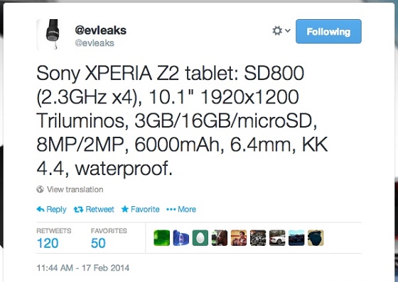 Sony Xperia Tablet Z2 specifications