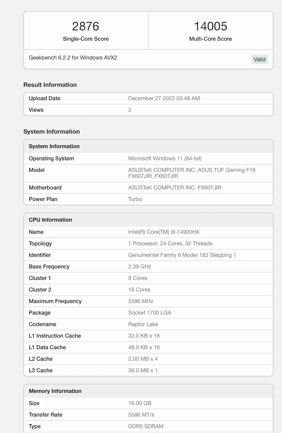 Ноутбук ASUS TUF Gaming F16 с процессором Core i9-14900HX протестирован в Geekbench