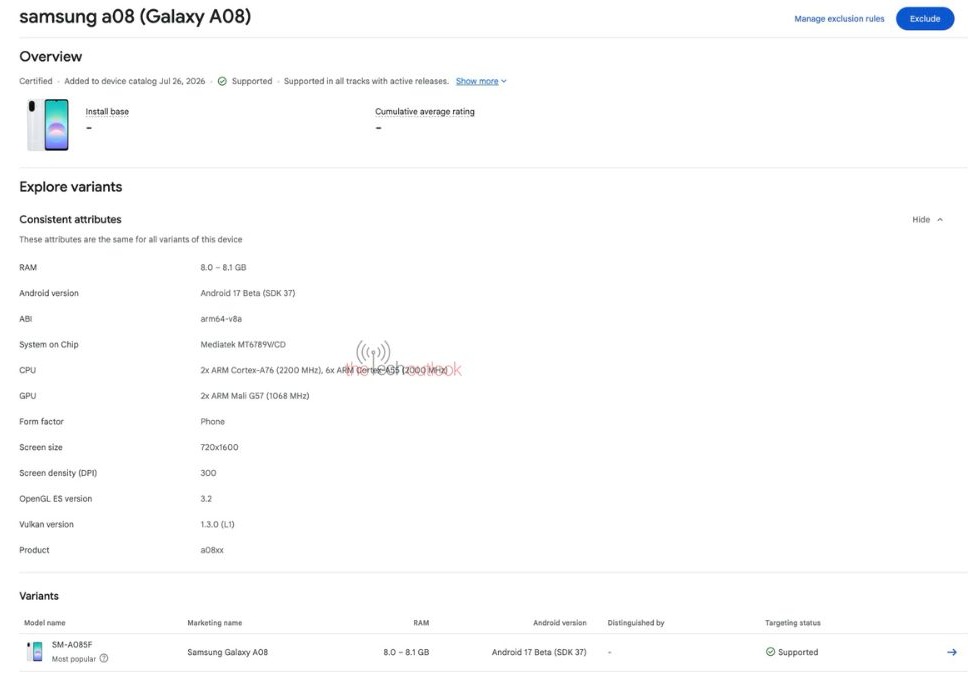 Samsung Galaxy A08 в Google Play Console