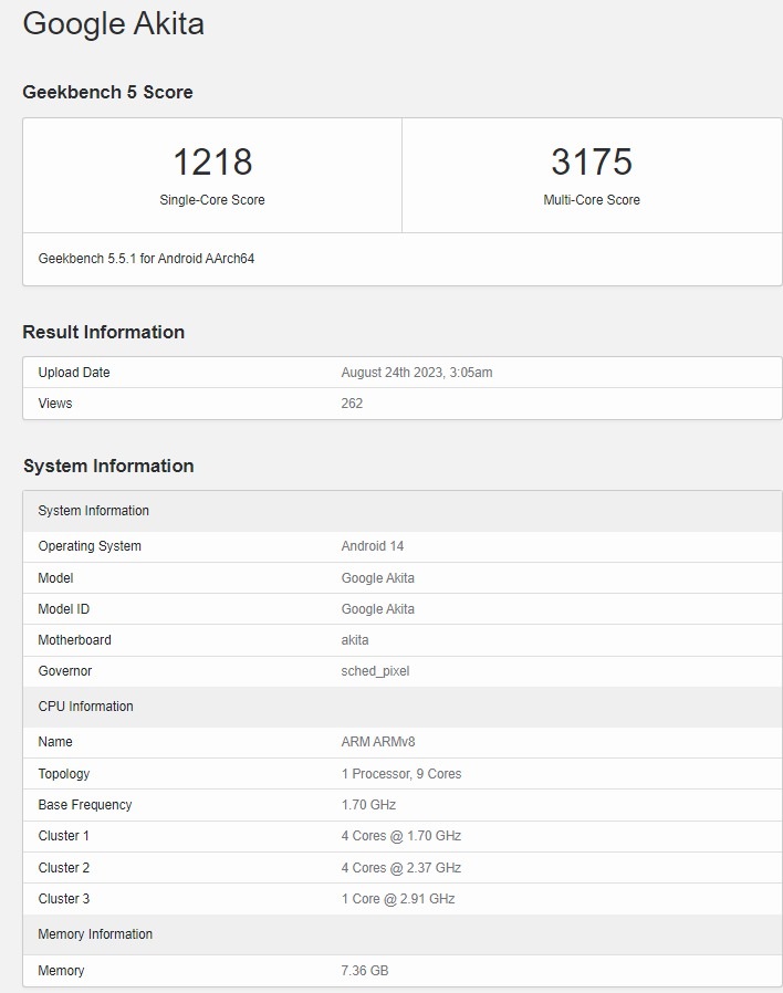 Google Pixel 8a Geekbench