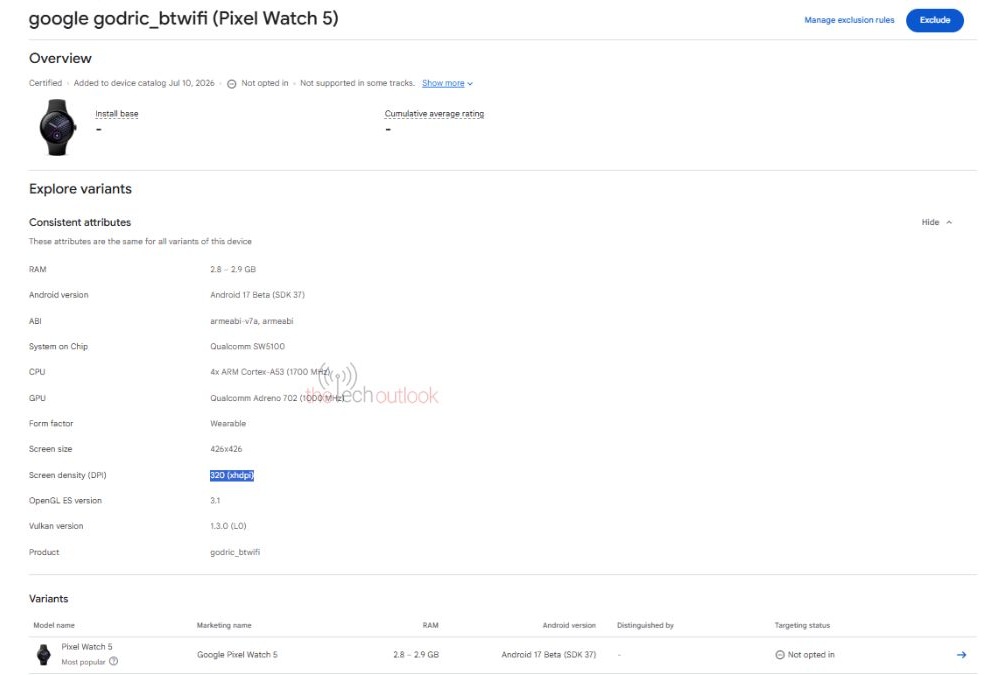 Google Pixel Watch 5 в базе Google Play Console