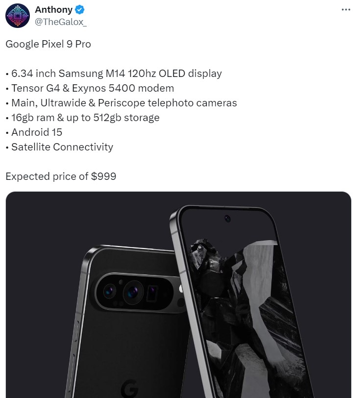 Google Pixel 9 Pro получит процессор Tensor G4 и 6,34-дюймовый дисплей