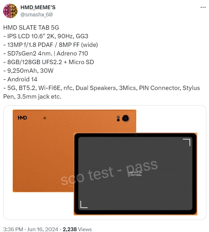 Планшет HMD Slate Tab 5G с процессором Snapdragon 7s Gen 2 появился на первом рендере