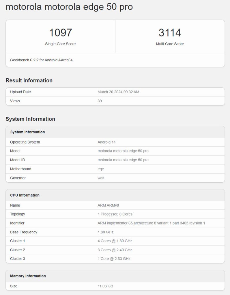 Motorola Edge 50 Pro с процессором Snapdragon 7 Gen 3 прошел тестирование в Geekbench