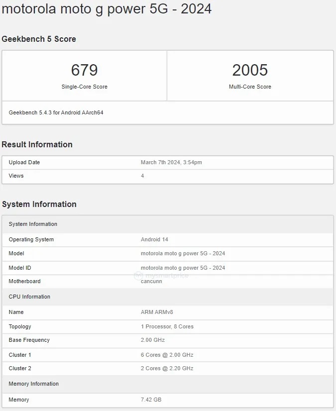 Moto G Power 5G 2024 с Dimensity 7020 прошел тестирование в Geekbench