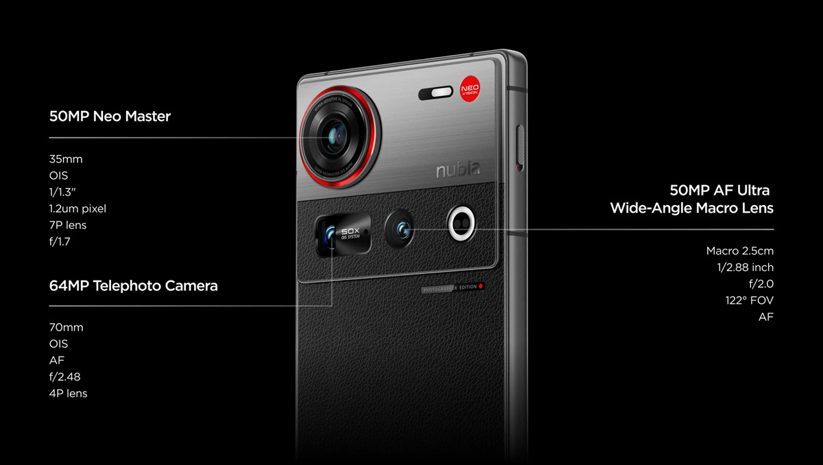 Тройная камера Nubia Z70S Ultra: основная 35 мм, сверхширокоугольная 50 МП и телеобъектив 64 МП