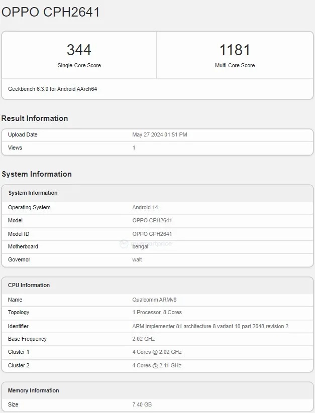 Oppo A3x появился базах данных NBTC и Geekbench