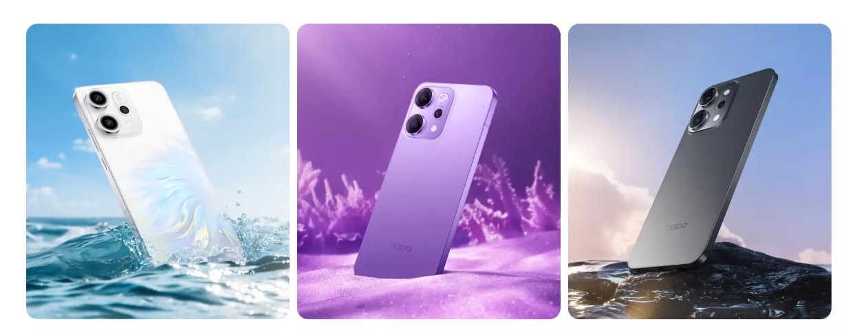 Смартфоны OPPO Reno14 Pro в доступных цветах: Reef Black, Mermaid и Calla Lily Purple