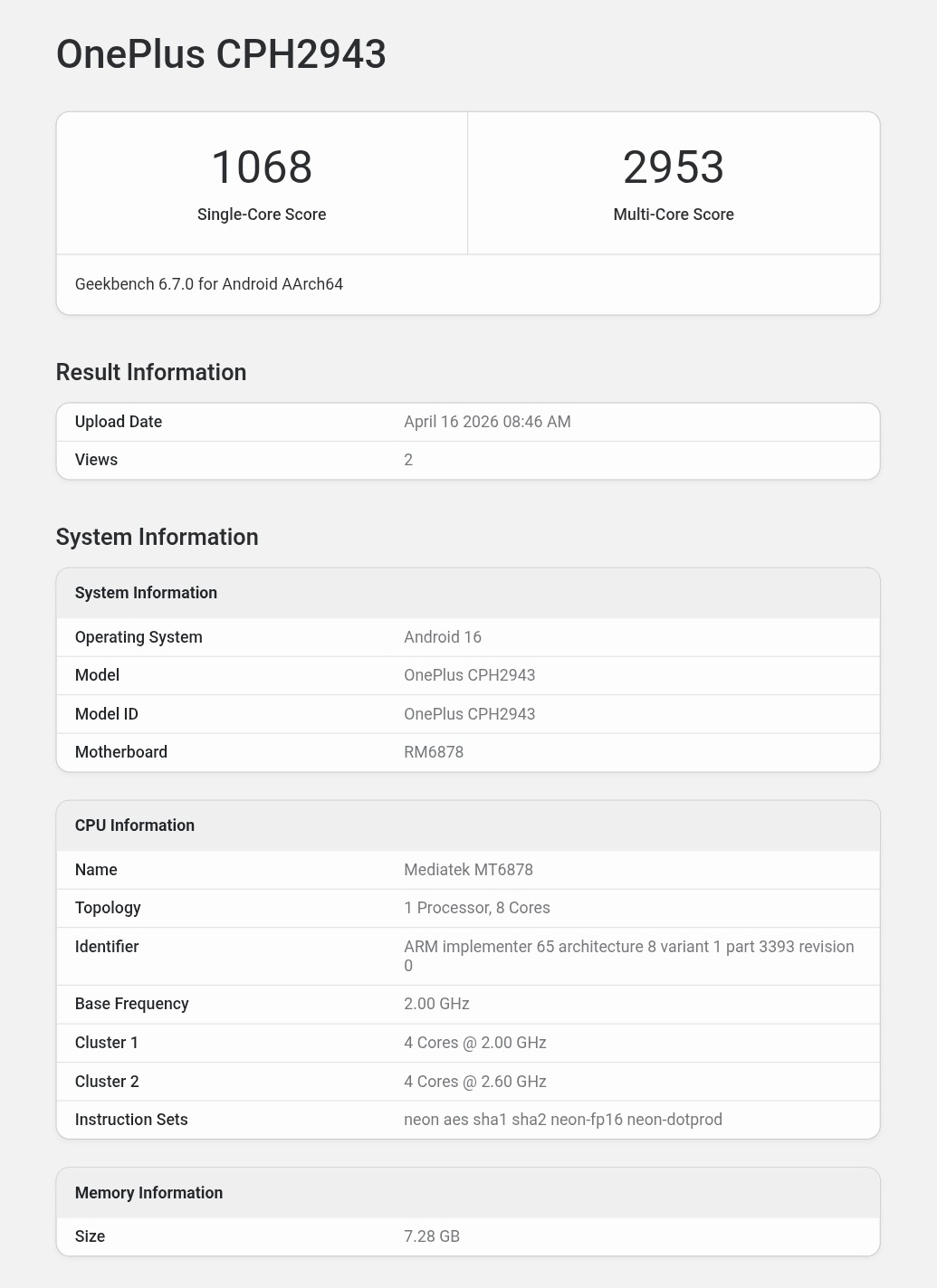 OnePlus Nord CE 6 Lite Geekbench