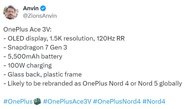 Стали известны основные характеристики OnePlus Ace 3V