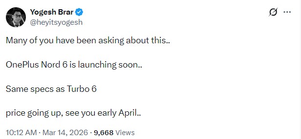 OnePlus Nord 6 может дебютировать в апреле