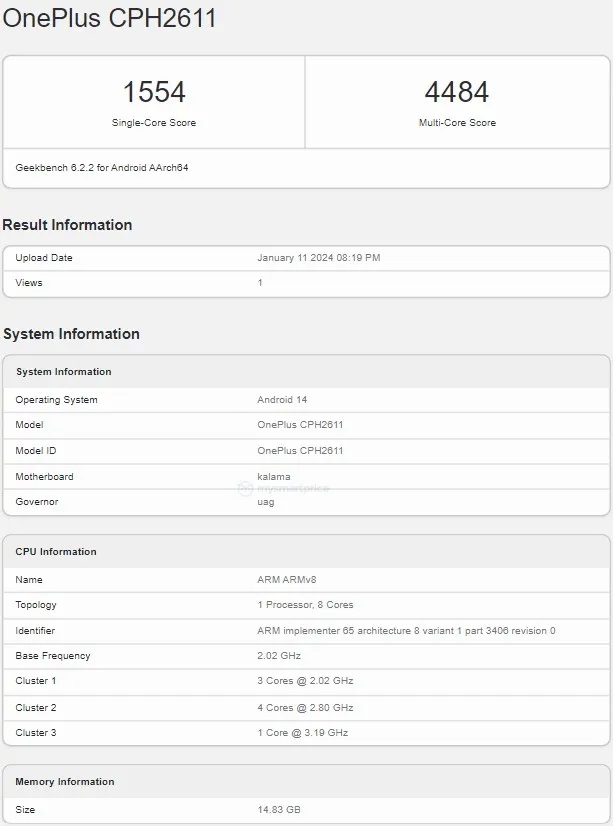 OnePlus 12R для глобального рынка протестирован в Geekbench