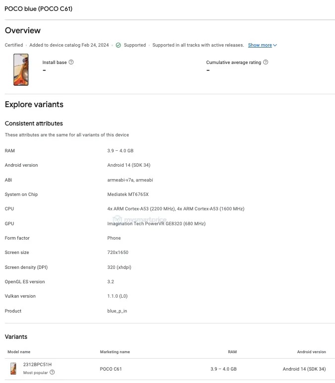 POCO C61 появился в Google Play Console