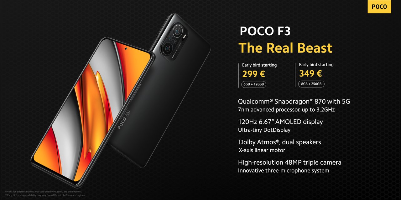 POCO выпустил флагманский смартфон POCO F3 с Snapdragon 870, 120 Гц E4 AMOLED и ценой от 349 евро