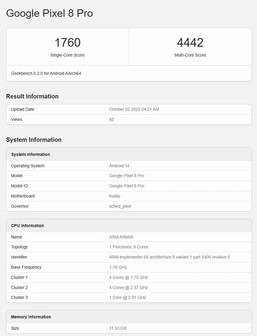 Google Pixel 8 Pro в Geekbench