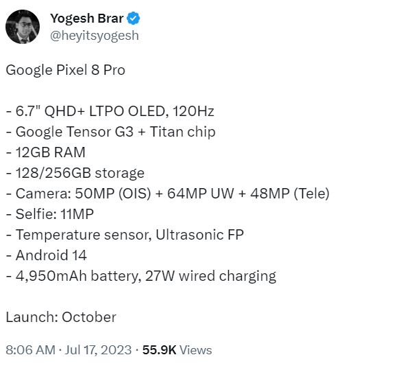 Google Pixel 8 Pro характеристики