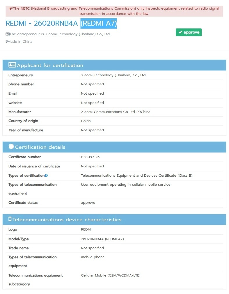 REDMI A7 NBTC