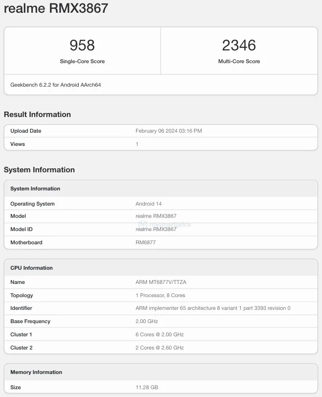 Realme 12+ 5G прошел тестирование в Geekbench