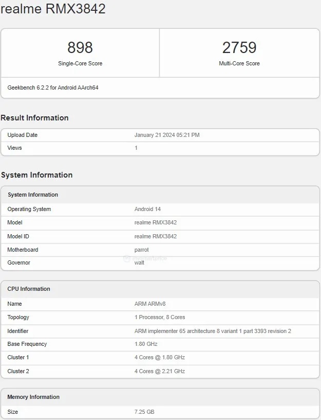 Realme 12 Pro с 8 ГБ ОЗУ и Snapdragon 6 Gen 1 появился в Geekbench