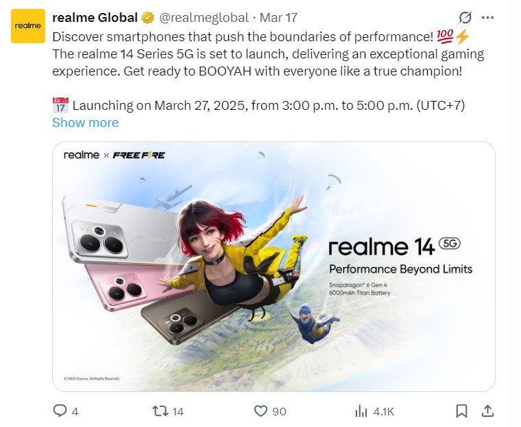 Глобальный дебют Realme 14 5G запланирован на конец марта