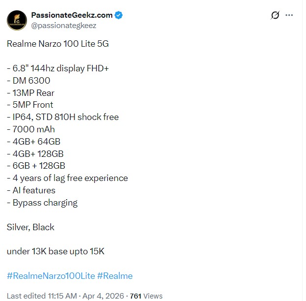 характеристики Realme Narzo 100 Lite 5G