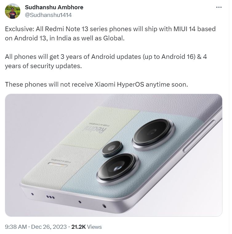 Смартфоны серии Redmi Note 13 для глобального рынка будут получать обновления Android в течение трех лет