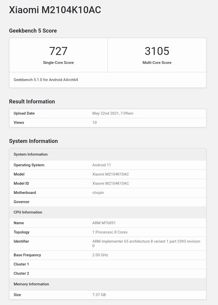 Новый Redmi Note 10 Ultra с Dimensity 1100 и 8 Гб ОЗУ появился в Geekbench