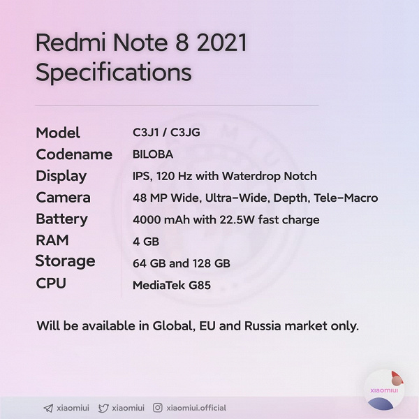 Xiaomi готовит к выходу Redmi Note 8 2021 c Helio G85 и 120-Гц дисплеем