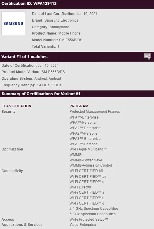Samsung Galaxy F55 5G, M55 5G и C55 5G появились в базе данных Wi-Fi Alliance 