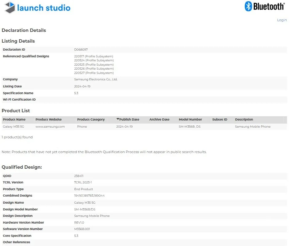 Samsung Galaxy M35 5G появился в базе данных Bluetooth SIG