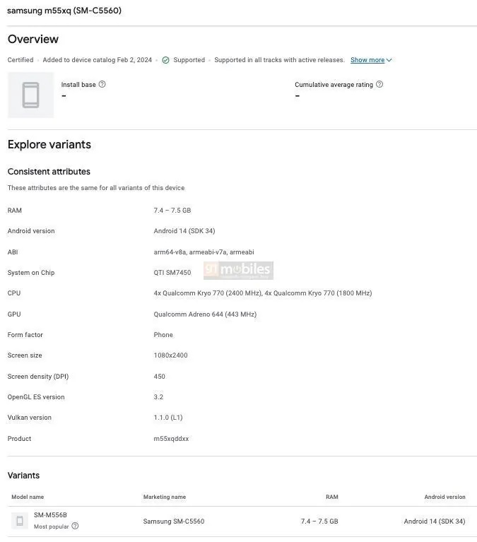 Samsung Galaxy M55 5G появился в базе данных Google Play Console