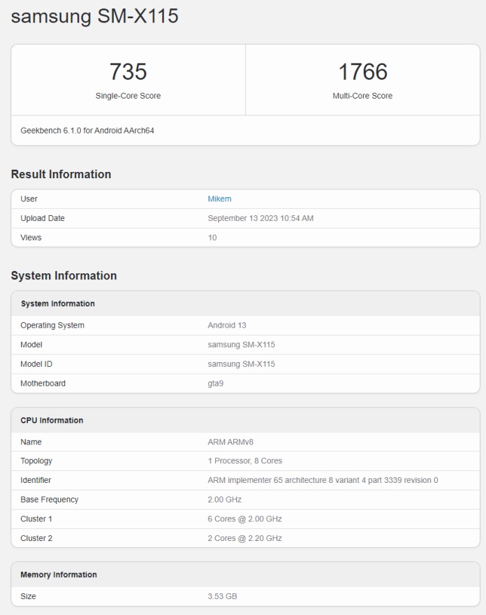 Samsung Galaxy Tab A9 в GeekBench