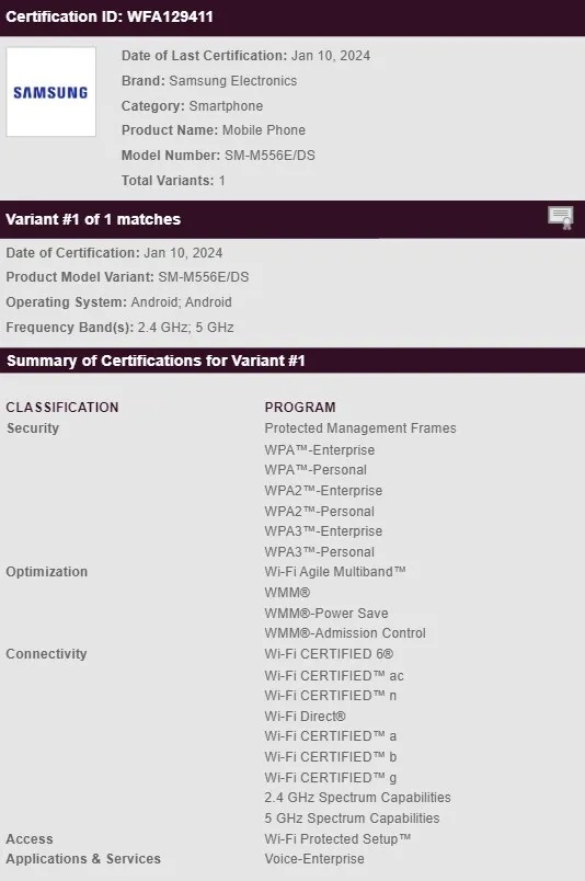 Samsung Galaxy F55 5G, M55 5G и C55 5G появились в базе данных Wi-Fi Alliance