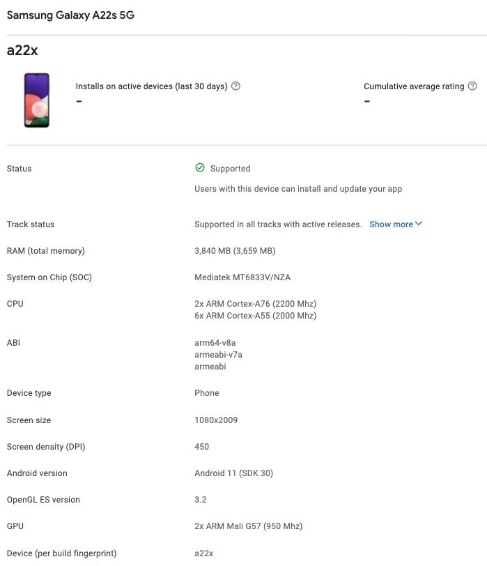 Бюджетный Samsung Galaxy A22s 5G появился в базе Google Play Console