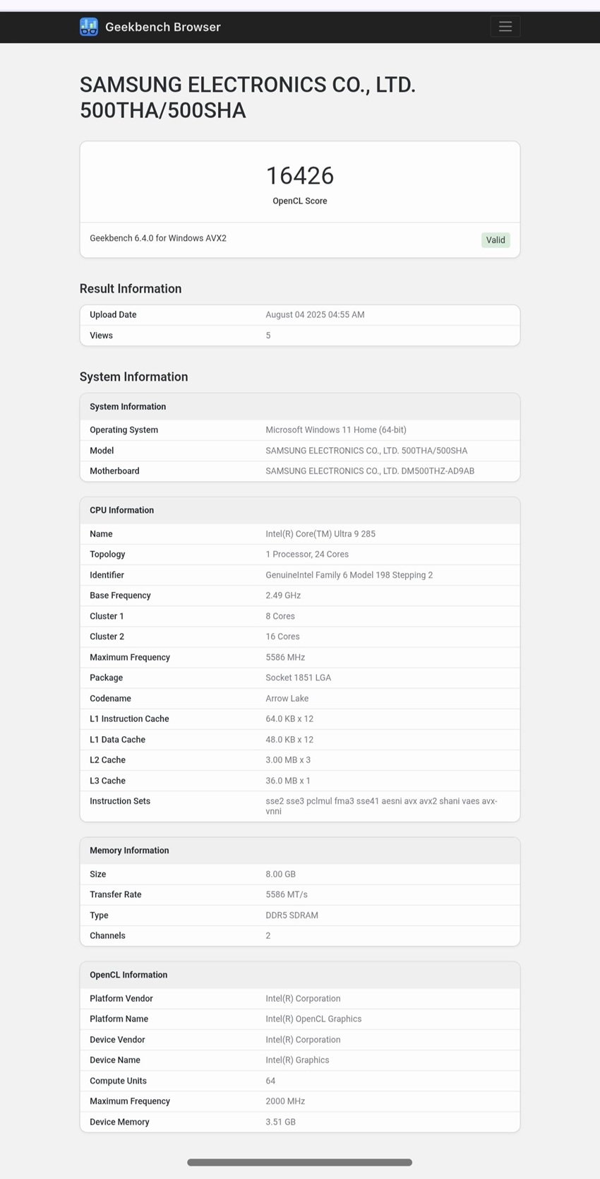 Новый ноутбук Samsung с процессором Core Ultra 9 285 протестирован в Geekbench