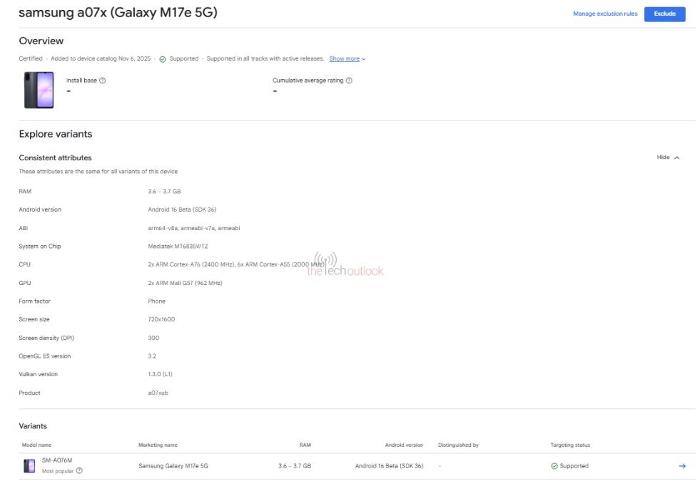 Samsung Galaxy M17e 5G в Google Play Console