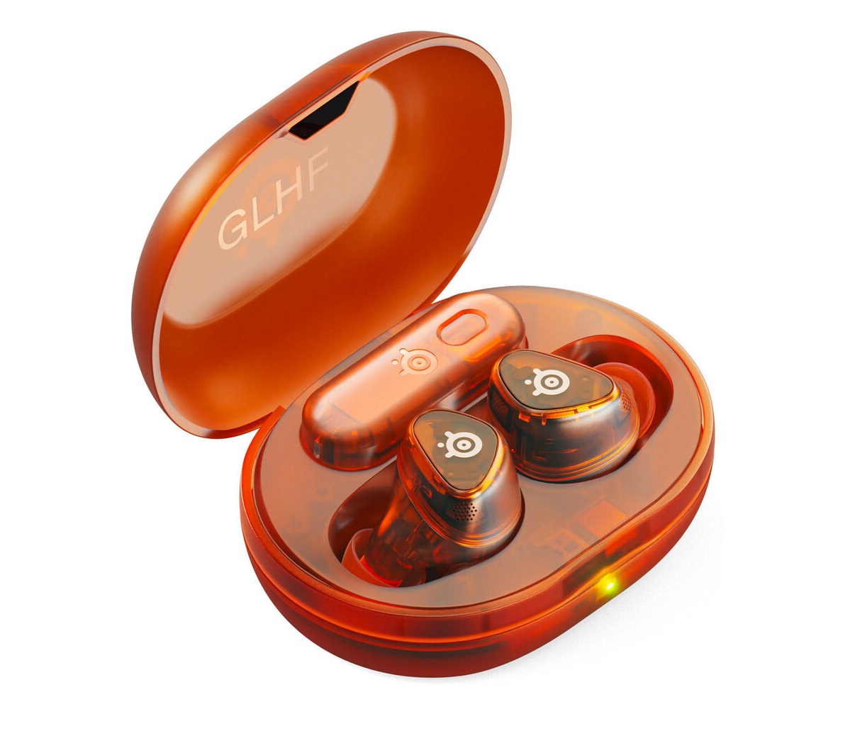 Наушники SteelSeries Arctis GameBuds Glorange в открытом зарядном кейсе