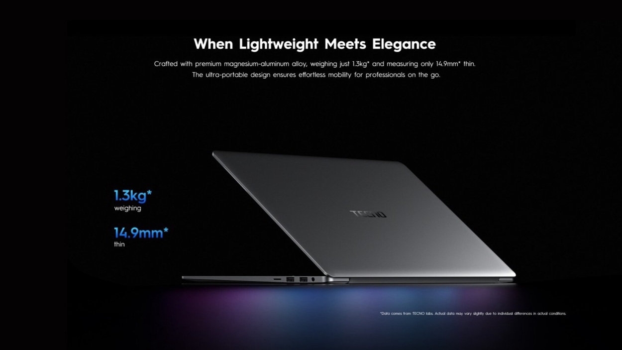 корпус TECNO MegaBook S16 толщиной 14,9 мм и весом 1,3 кг