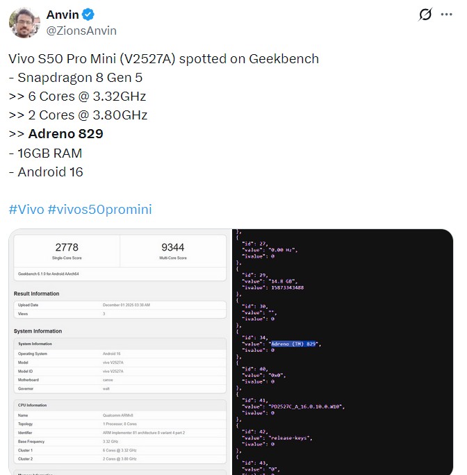 Vivo S50 Pro Mini в Geekbench