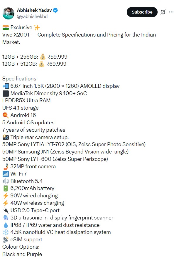 Vivo X200T характеристики