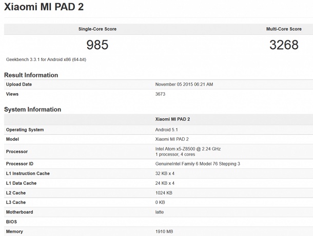 Xiaomi Mi Pad 2 benchmark