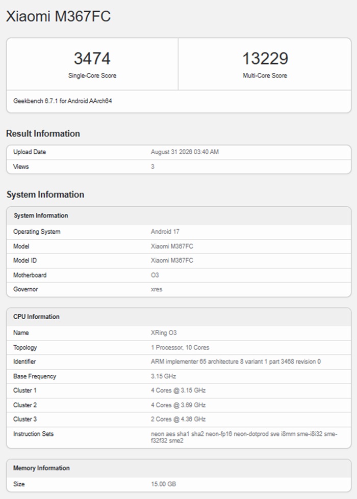 Xiaomi Pad 9 Pro Max в Geekbench