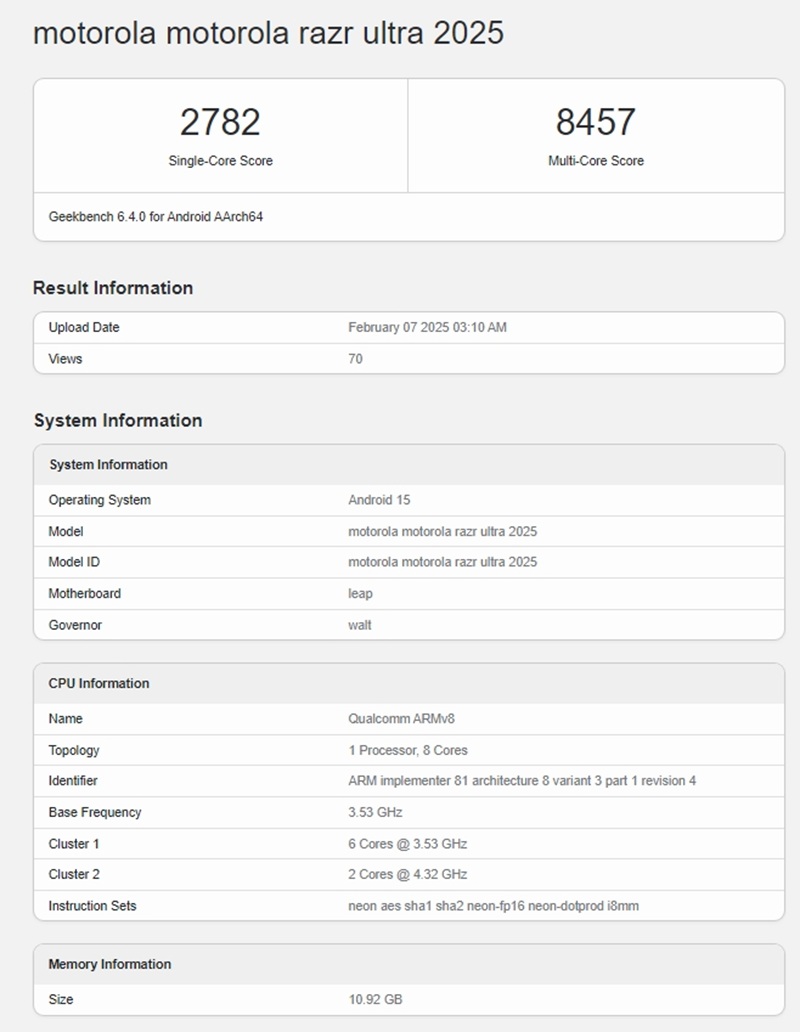 Motorola Razr Ultra 2025 со Snapdragon 8 Elite появился в Geekbench